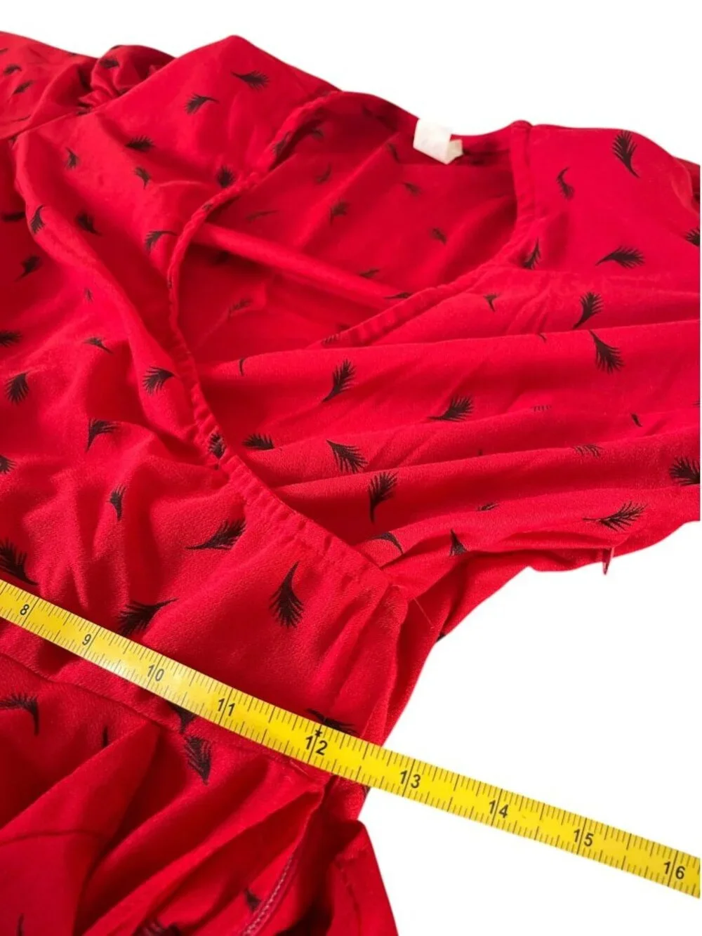 Vintage 80s Red Peplum Midi Dress | Black Leaf Print | Puff Shoulders | S Retro - Picture 6 of 13